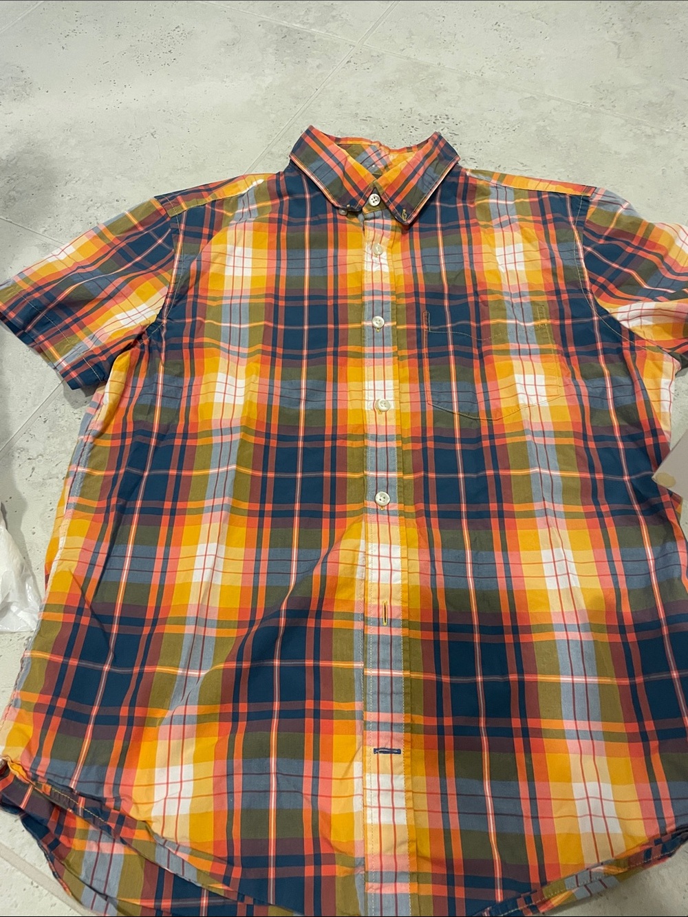 GAP Short Sleeve Plaid Button-Down Shirt - Orange, Navy, Yellow